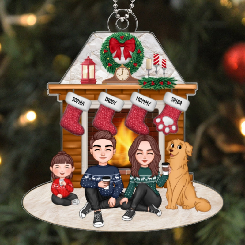 Christmas Fireplace Christmas Wreath Cute Whole Family Dad Mom Kids Dogs Cats Personalized Acrylic Ornament