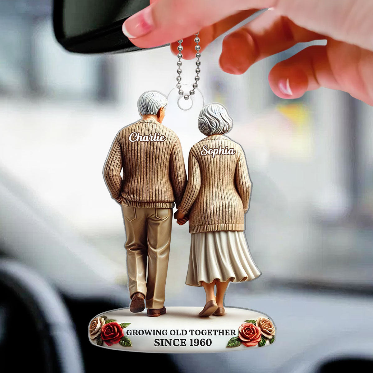 3D Effect Old Couple Holding Hands Walking Together Personalized Car Hanger Ornament, Heartfelt Gift For Couple, For Him, For Her, Husband, Wife