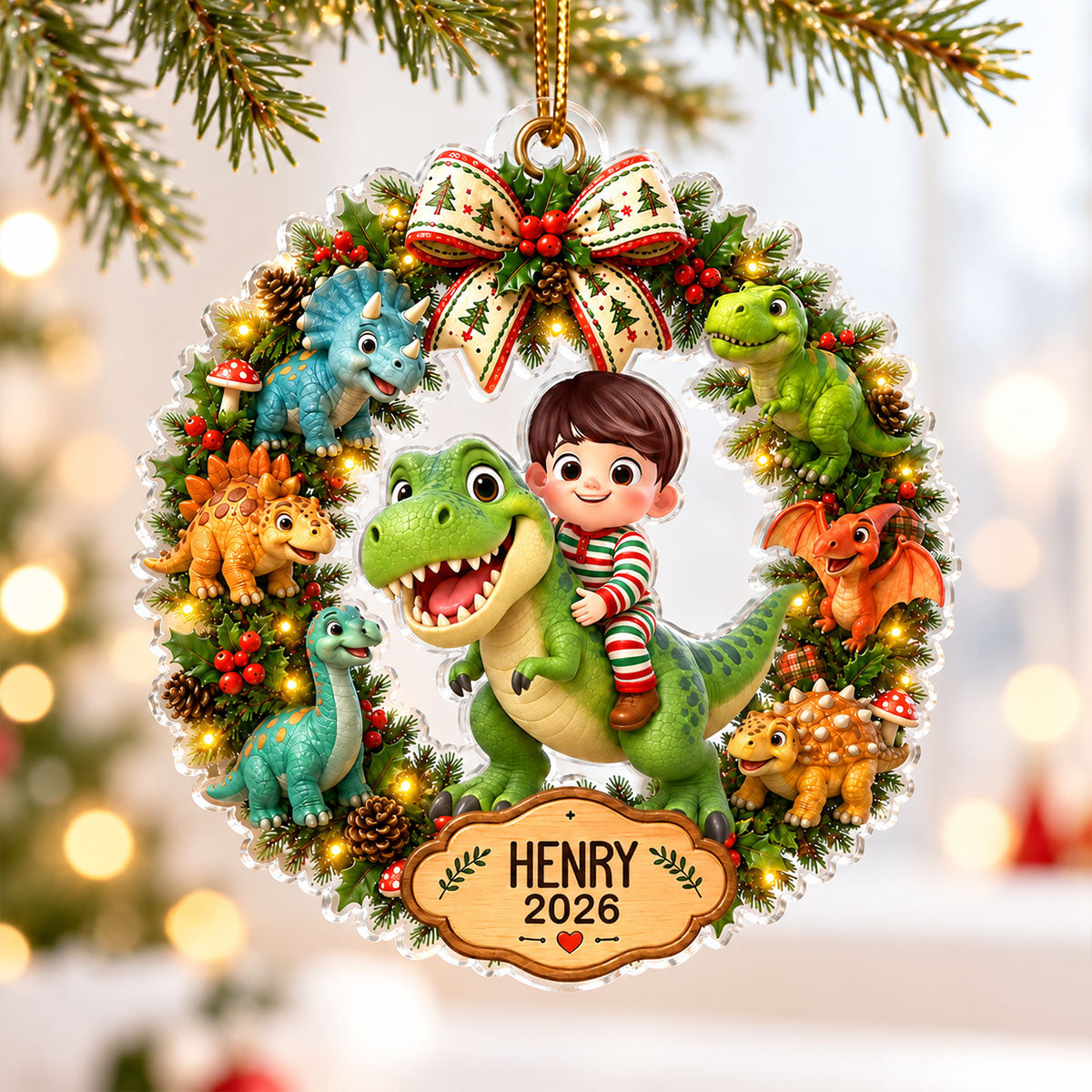 2026 Cute Cartoon Kid With Dinosaur Unicorn - Personalized Acrylic Ornament - Christmas Gift For Boys, Girls