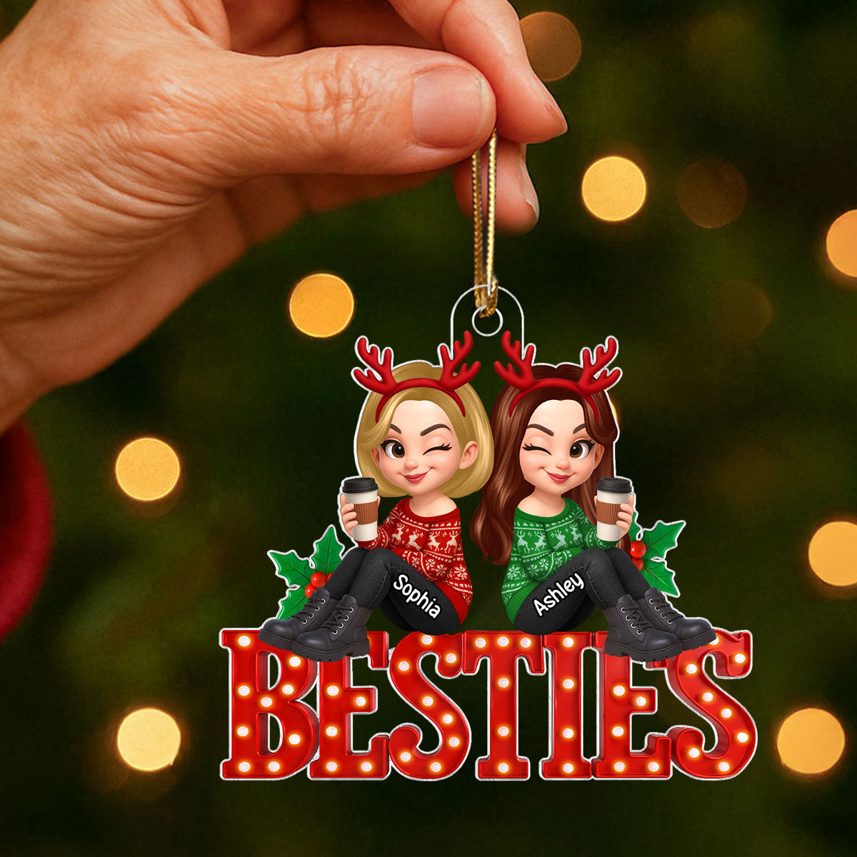 Christmas Besties Sisters Sitting On Marquee LED 3D Effect Personalized Acrylic Ornament