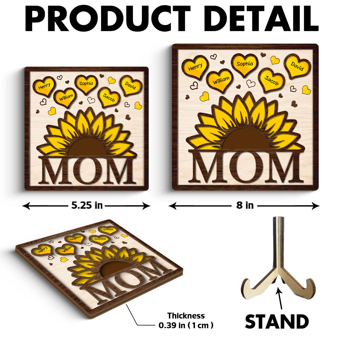 Grandma Mom Sunflower Hearts With Kids Names Personalized 2-layer Wooden Plaque