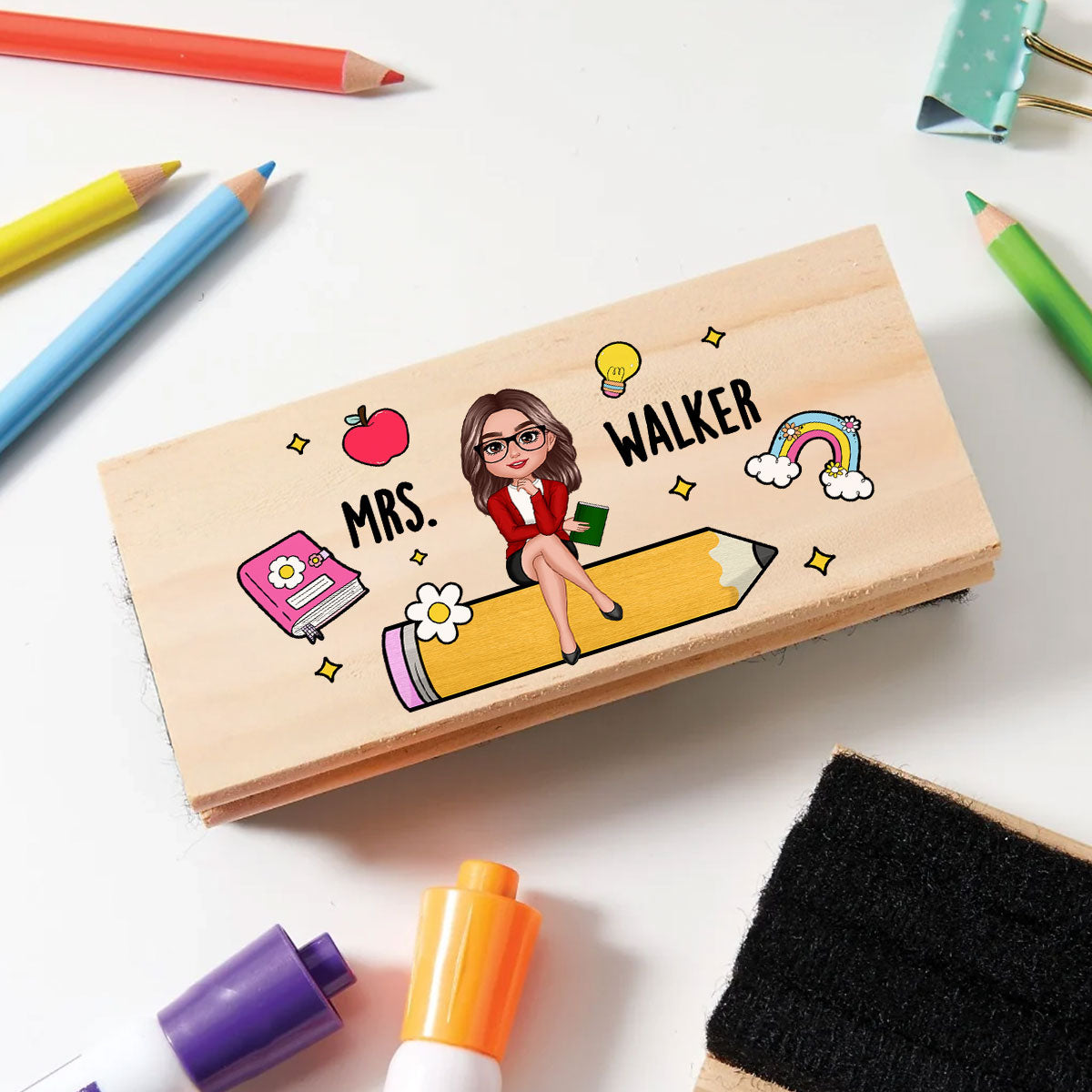 Teacher Sitting on Pencil Personalized Teacher Whiteboard Eraser, Custom Teacher Appreciation Gifts, Chalkboard Eraser with Marker