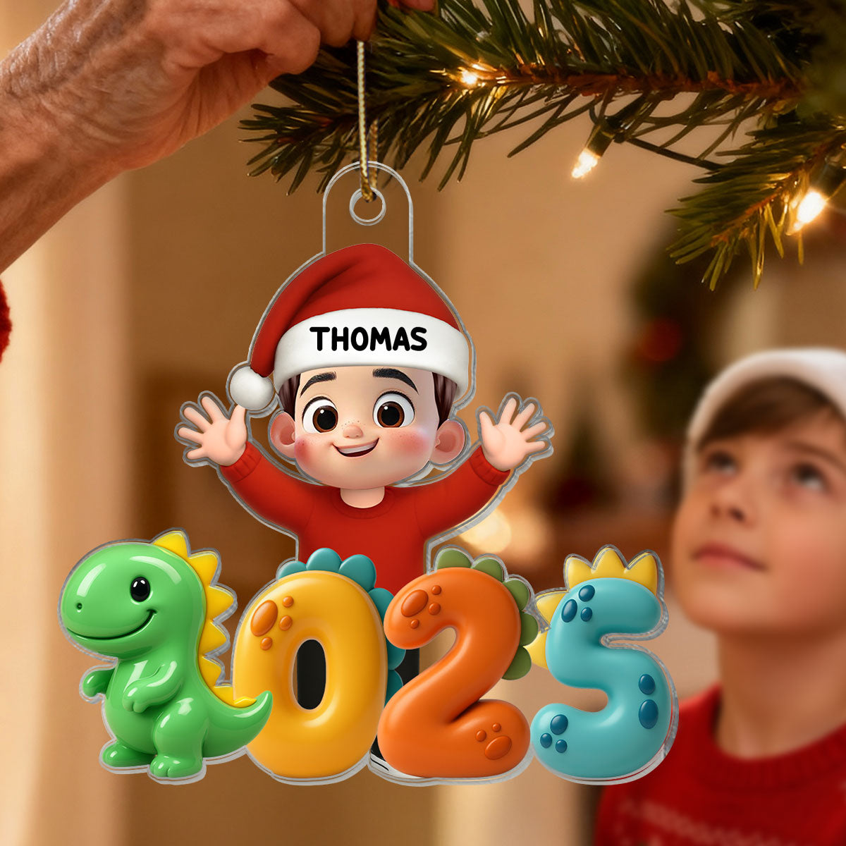 3D Effect Happy Kid With Dinosaur Numbers - Personalized Acrylic Ornament - Christmas Gift For Kids, Grandkids, Granddaughter, Grandson