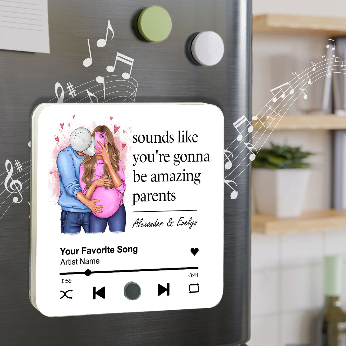 Sounds Like You're Gonna Be Amazing Parents Personalized Music Fridge Magnet, Perfect Gift For Pregnant Wife, Custom Favorite Song As Messages