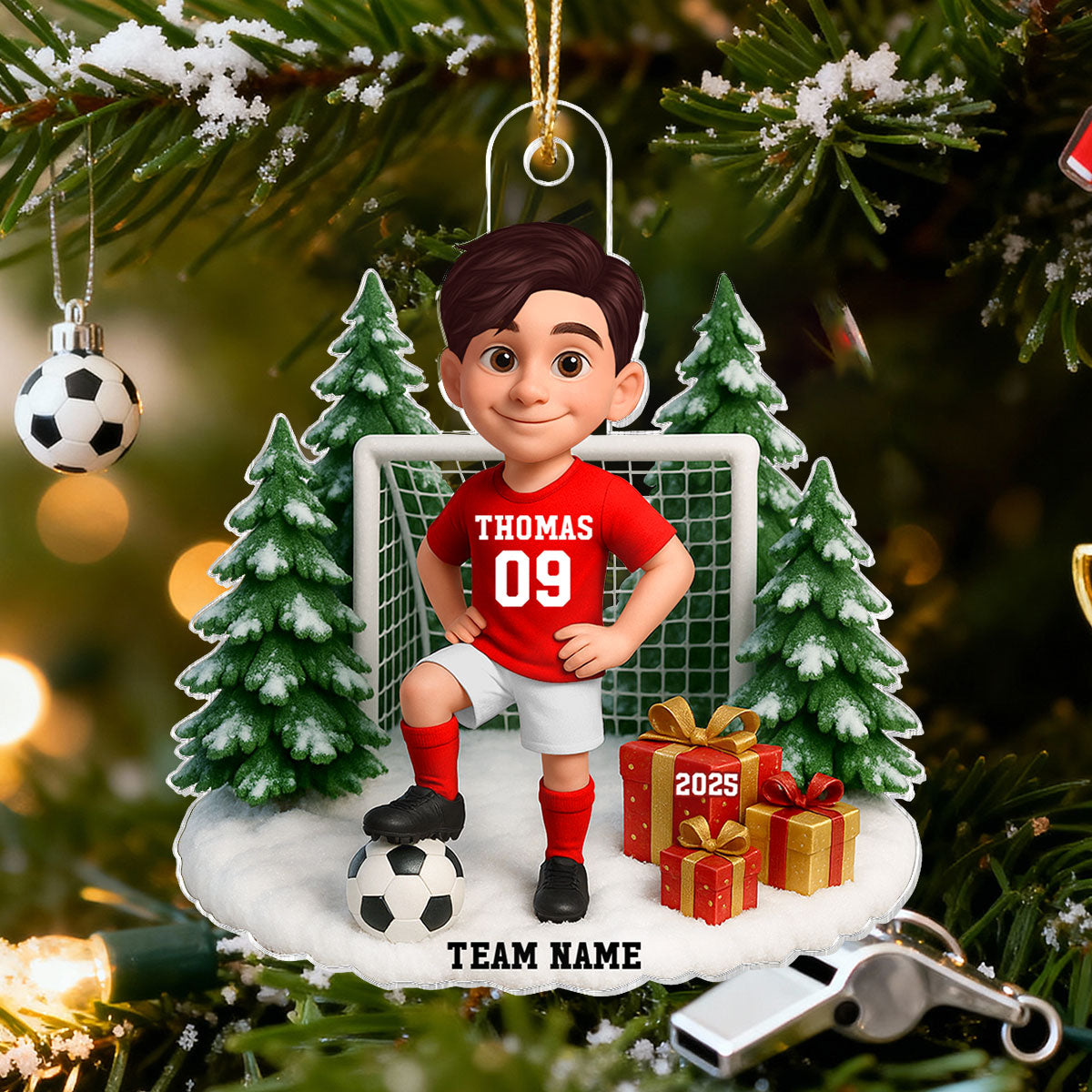 3D Effect Christmas Soccer Player - Personalized Acrylic Ornament - Gift For Soccer Players, School Soccer Team