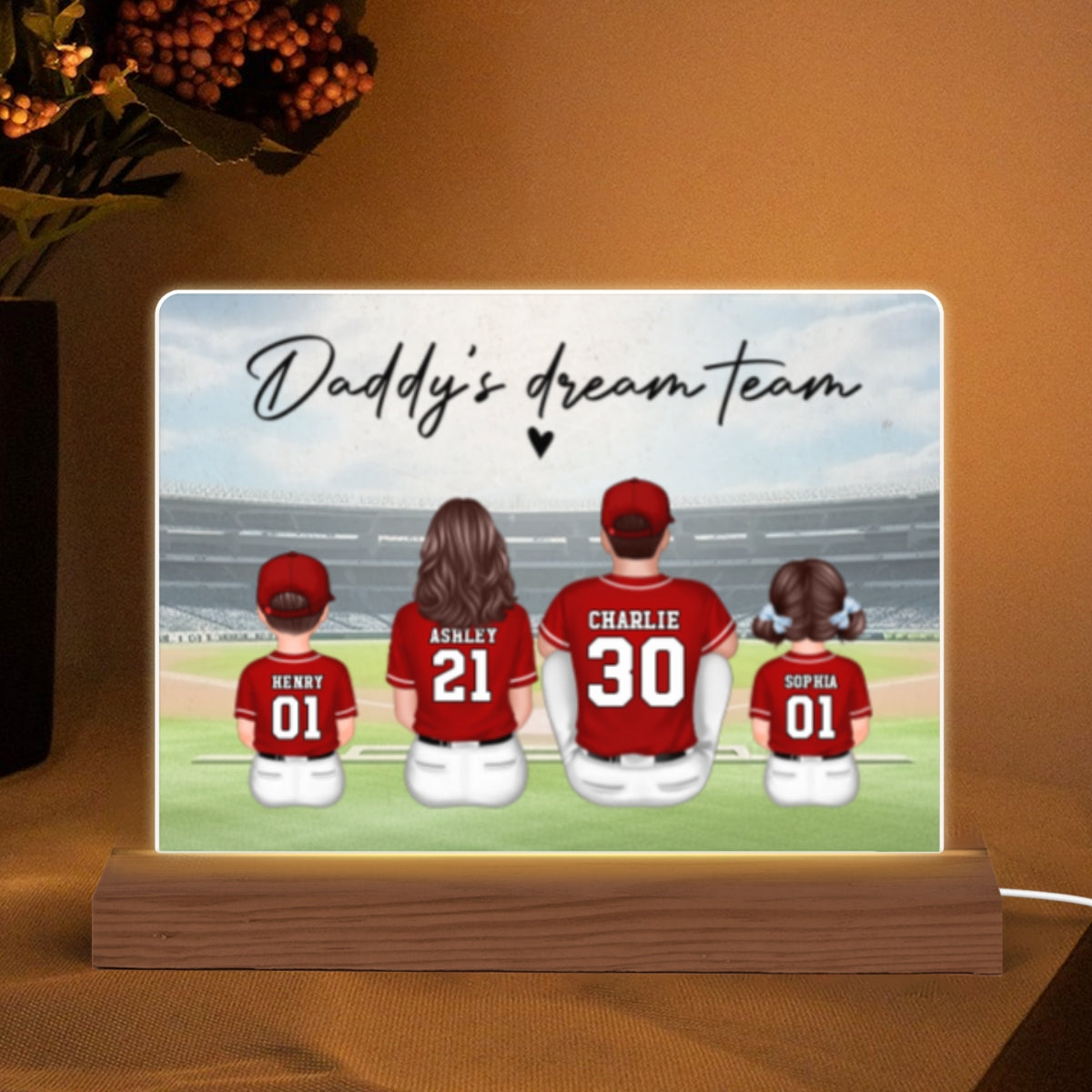 Daddy's Team Baseball Family Sitting Personalized Acrylic LED Night Light, Father's Day Gift For Dad, Grandpa, Husband