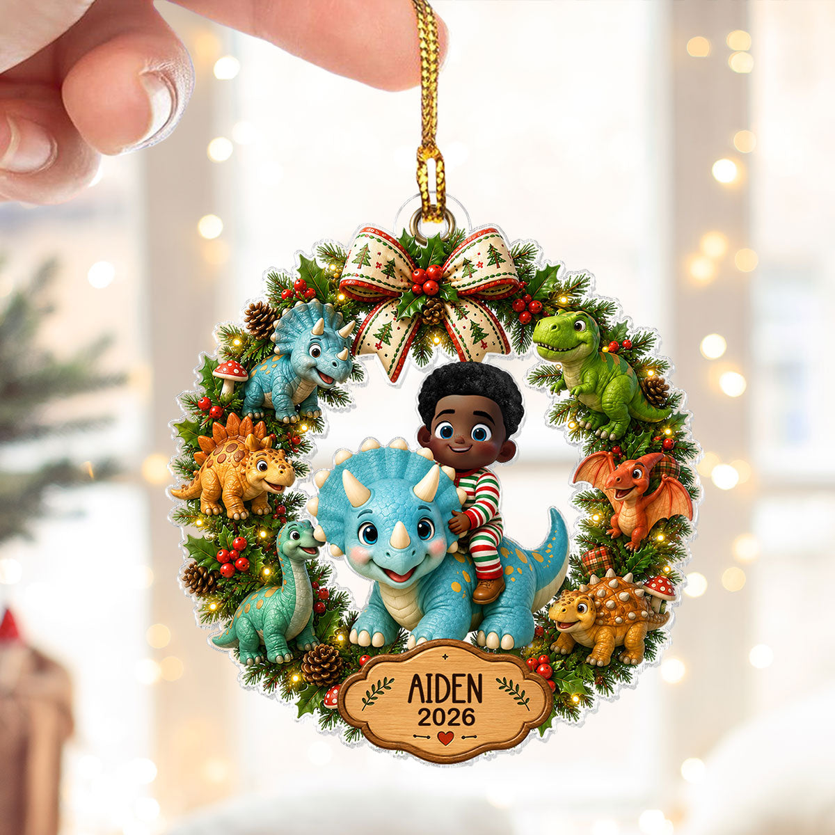 Trending Cute Cartoon Kid With Dinosaur - Personalized Acrylic Ornament - Christmas Gift For Boys, Girls