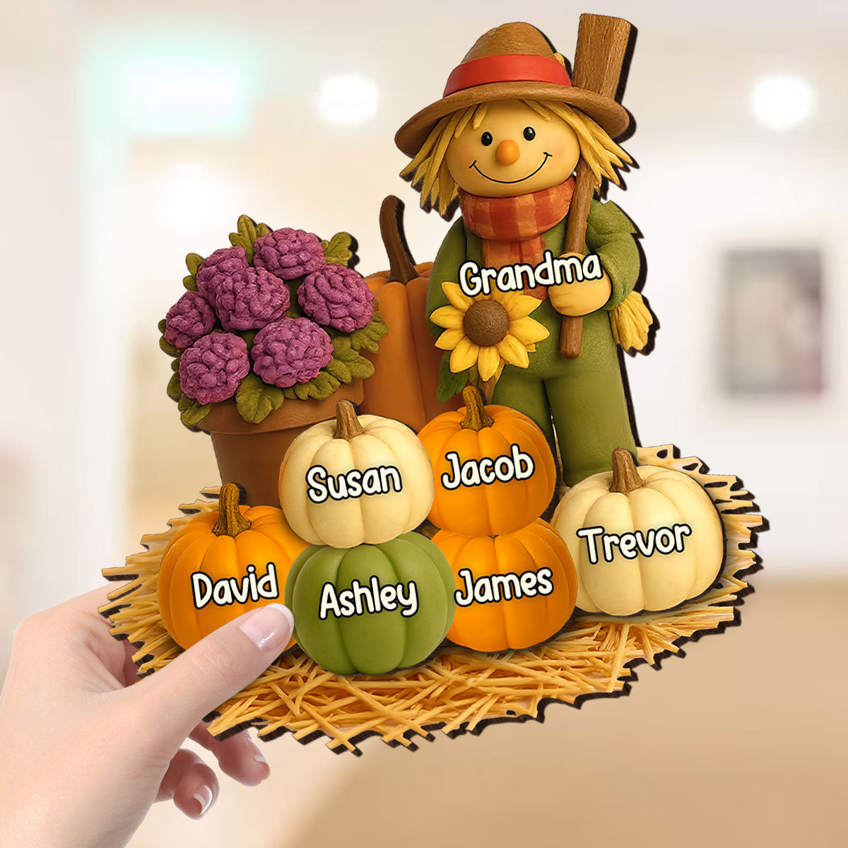 Fall Scarecrow Grandma with Pumpkins Grandkids Names 3D Effect - Personalized 2-Layered Wooden Plaque