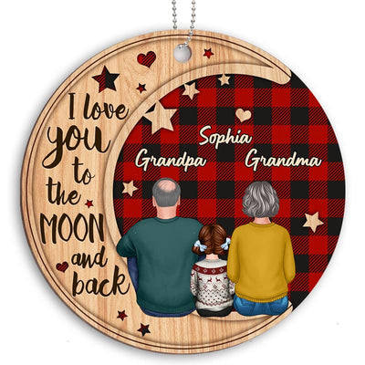Checkered Pattern Grandma Grandpa Grandkid On Moon Personalized Wooden Ornament