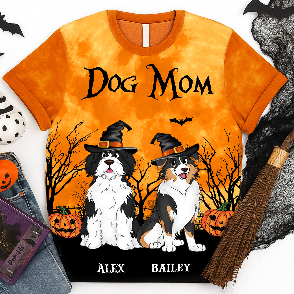 Dog Mom Halloween Moon Light Bat Tree - Personalized 3D Shirt