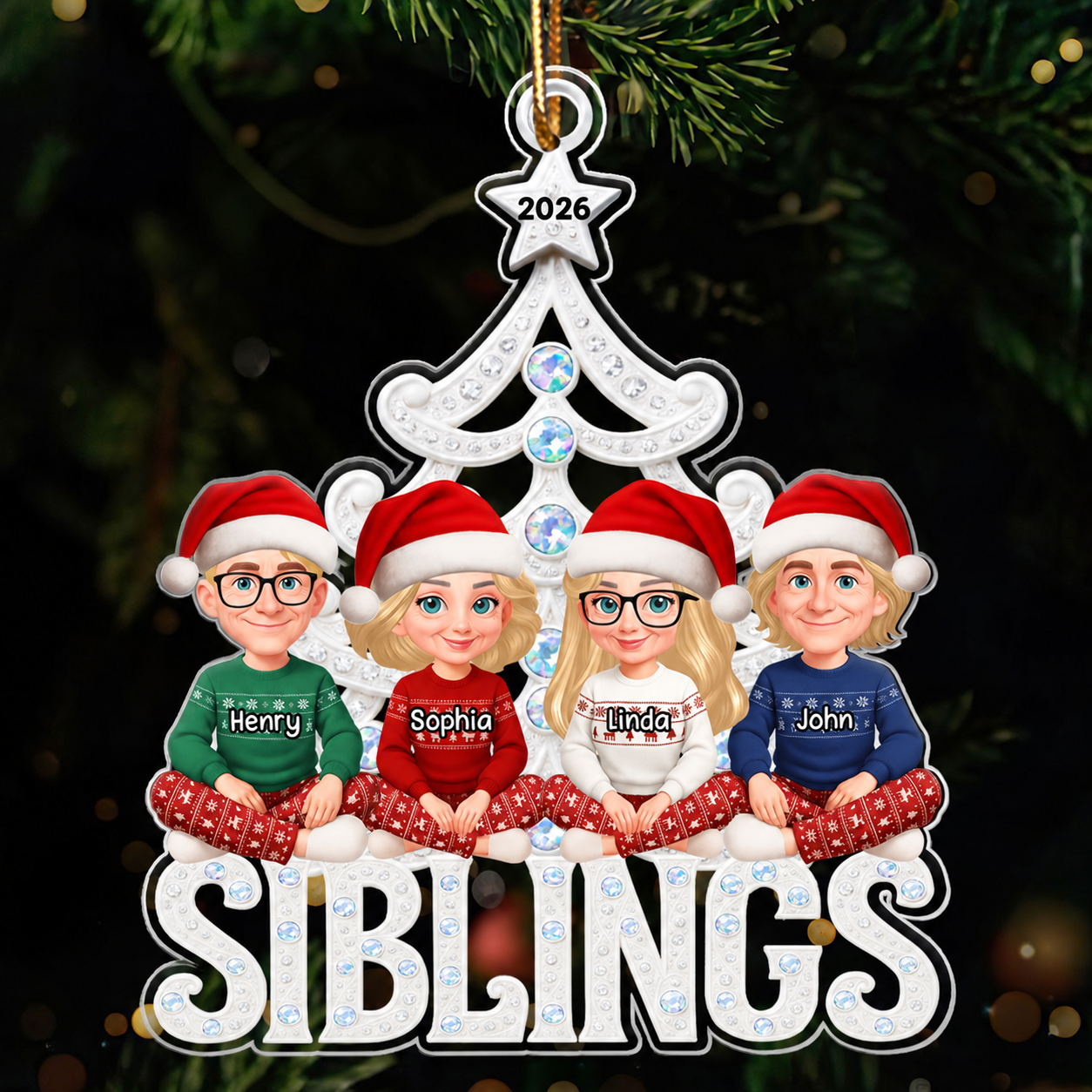 Siblings Forever Metallic Crystal Effect - Personalized Acrylic Ornament - Christmas Gift for Siblings