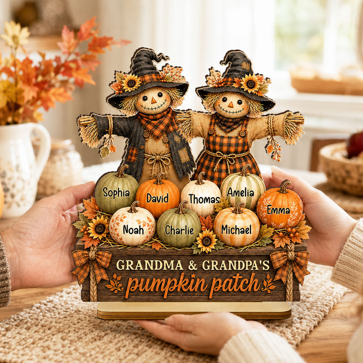 Grandma Grandpa Pumpkin Patch Scarecrow - Personalized 2-Layered Wooden Plaque - Cozy Fall Decor for Grandparents