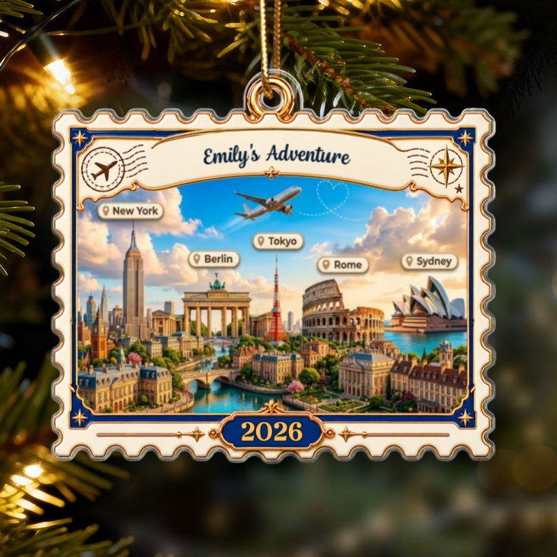 Travel Destinations Stamp 2D Flat Printed - Personalized Acrylic Ornament - Traveling Destination Keepsake, Christmas Gift For Traveling Lovers