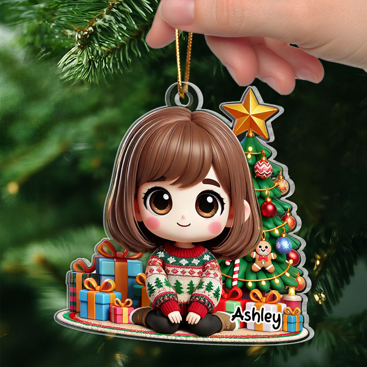 Cute Granddaughter Grandson Kid Sitting With Christmas Tree And Gift Personalized Acrylic Ornament, Gift For Grandkids