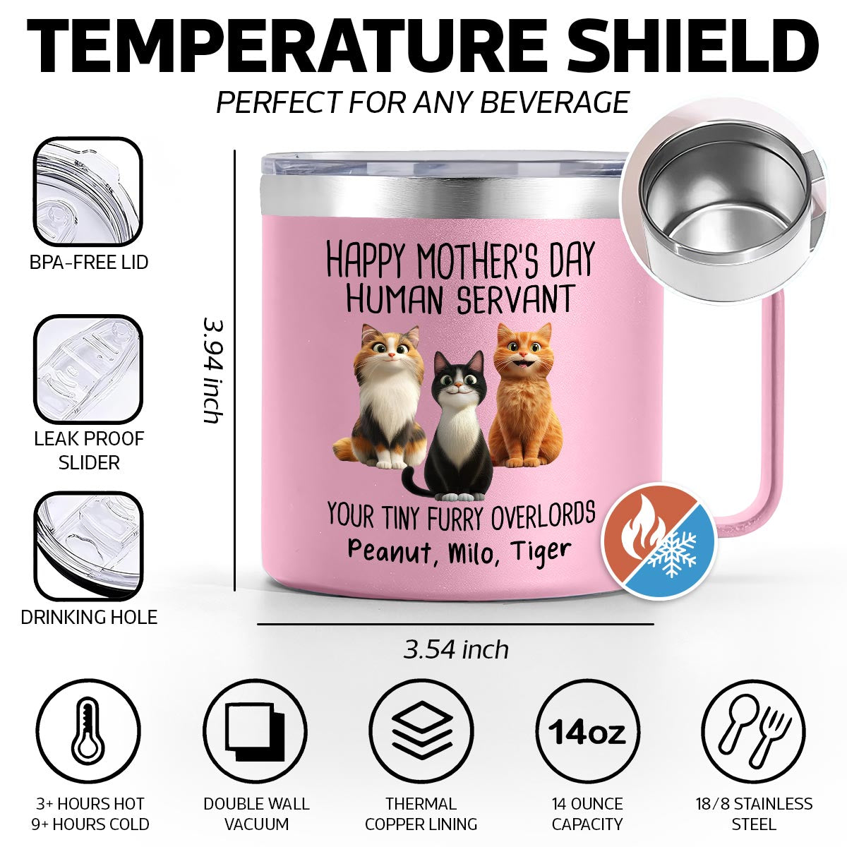 Happy Mother's Day Father's Day Human Servant Cartoon Funny Cats Personalized Stainless Steel Tumbler With Handle