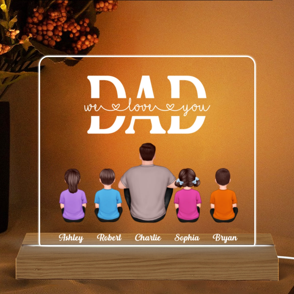 Best Dad Ever Back View Man Kids Dog Cat Personalized Warm Custom Shape Acrylic Plaque With LED Night Light