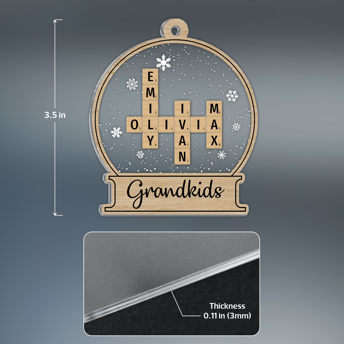 Snow Globe Grandkids Crossword Puzzle Personalized Acrylic Ornament, Christmas Gift For Grandma, Grandpa, Granddaughter, Grandson