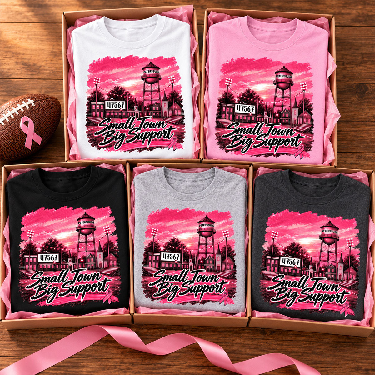 Small Town Big Support Breast Cancer Ribbon Football - Personalized Shirt - Coquette Game Day Mom Tee