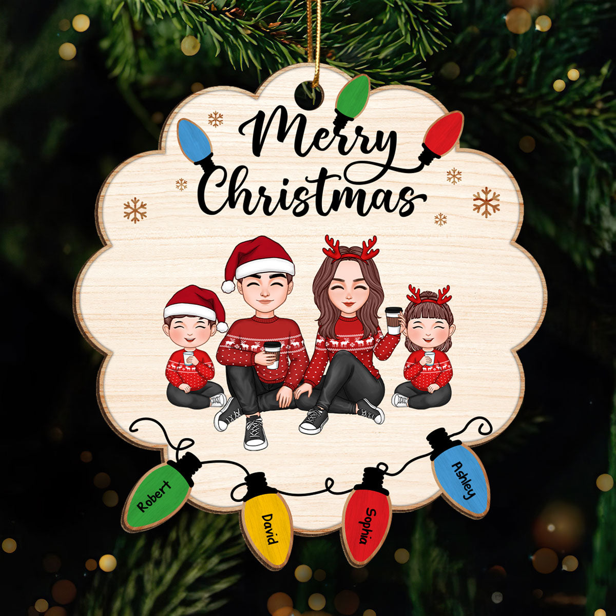 Cute Christmas Family Sitting Lightstring Personalized Wooden Ornament