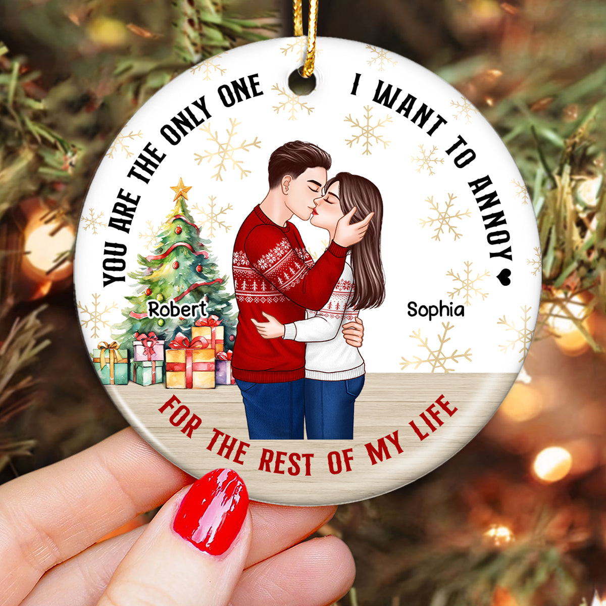 Couple Kissing Christmas Snowflake Background Personalized Circle Ornament