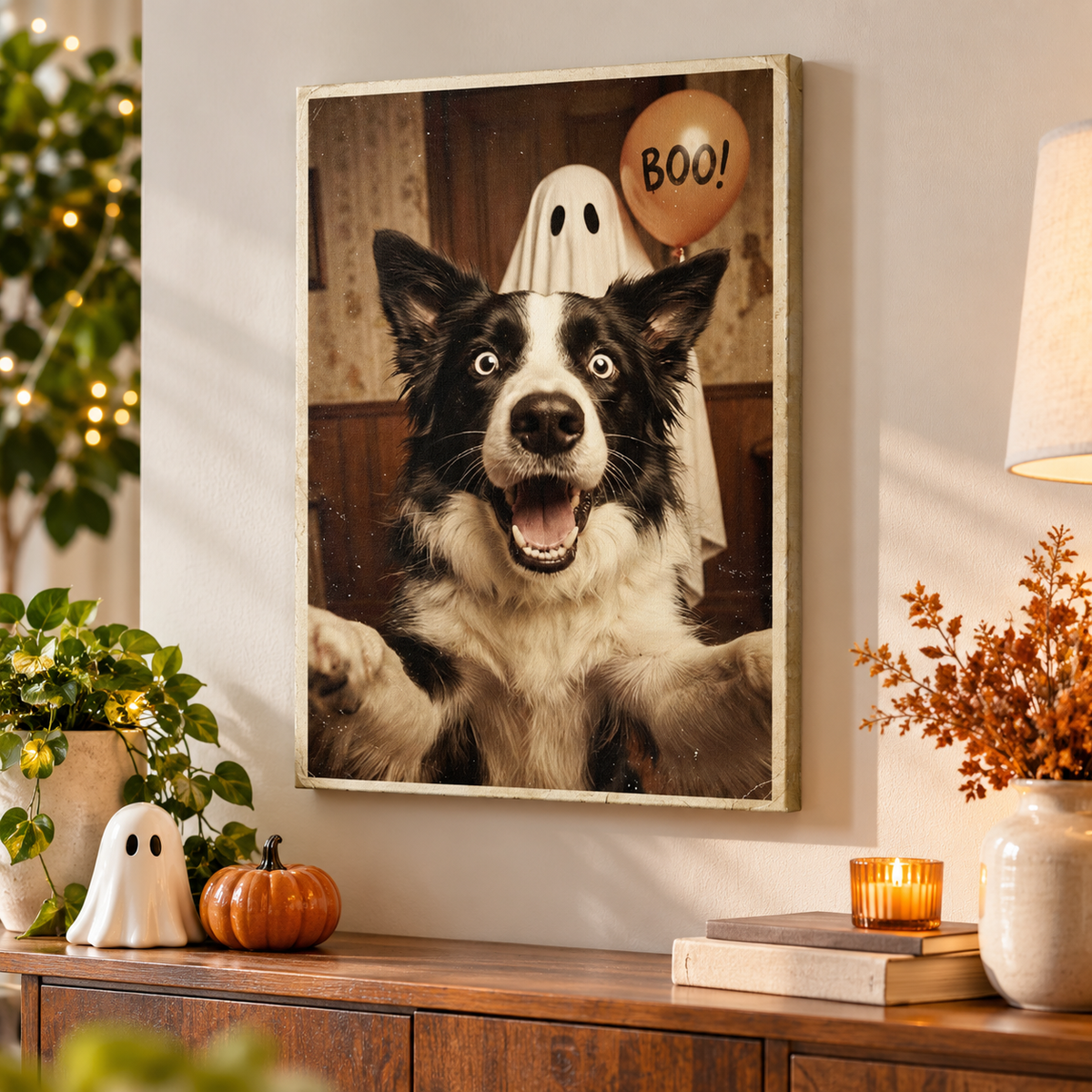 Custom Dog Cat Photo Halloween - Personalized Canvas - Trendy Vintage Spooky Tee for Pet Moms