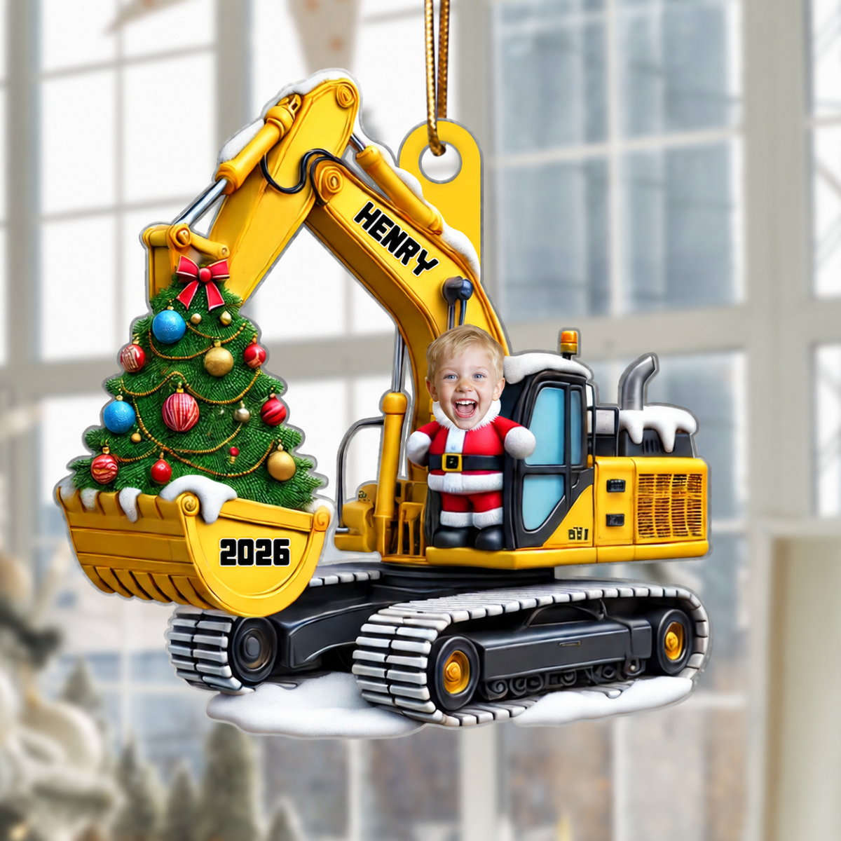 Personalized Xmas Excavator Construction Backhoe Kid Photo Ornament, 3D Effect Xmas Gift For Kids