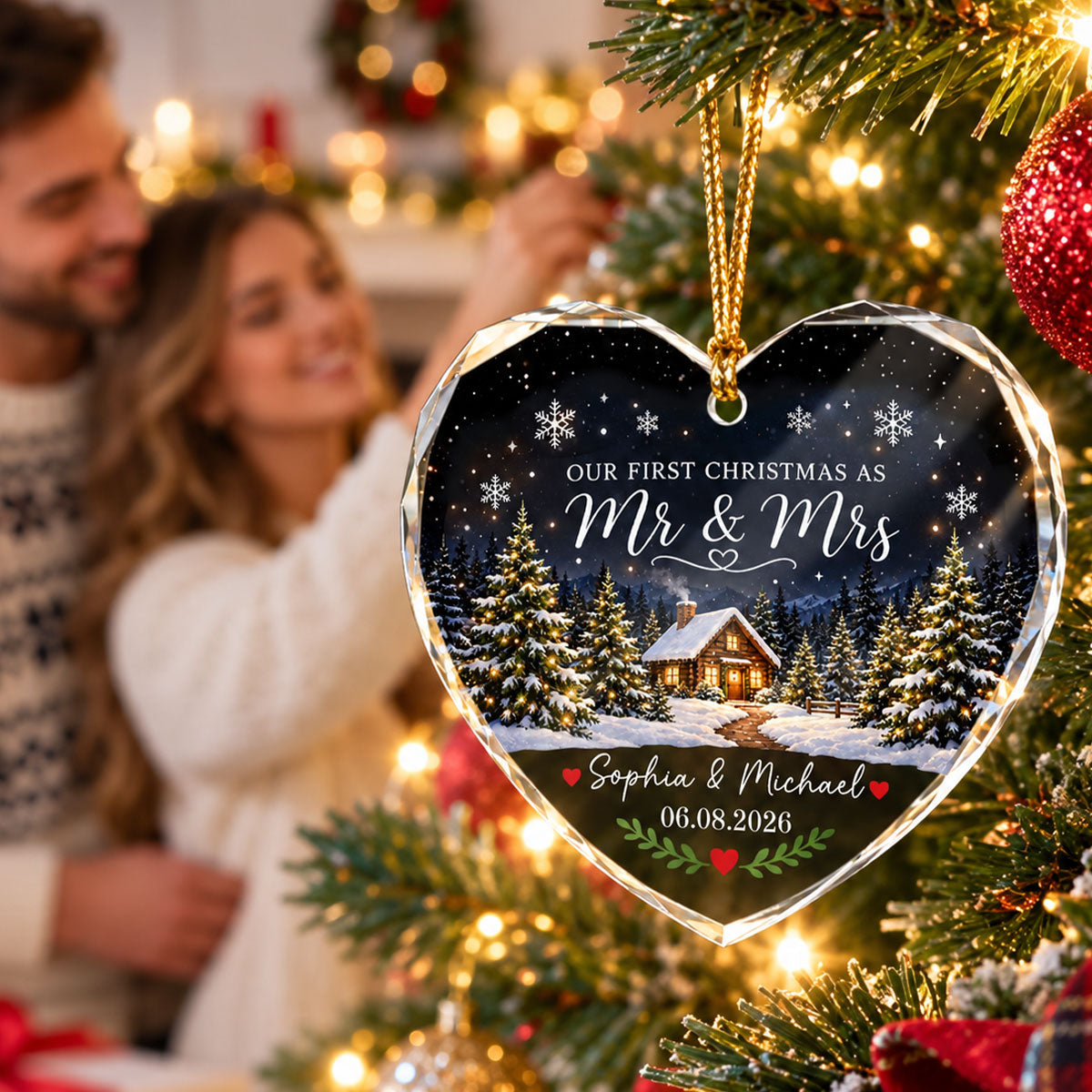 Our First Christmas As Mr Mrs Winter Cabin House - Personalized Glass Ornament - First Christmas Married Ornament For Couple