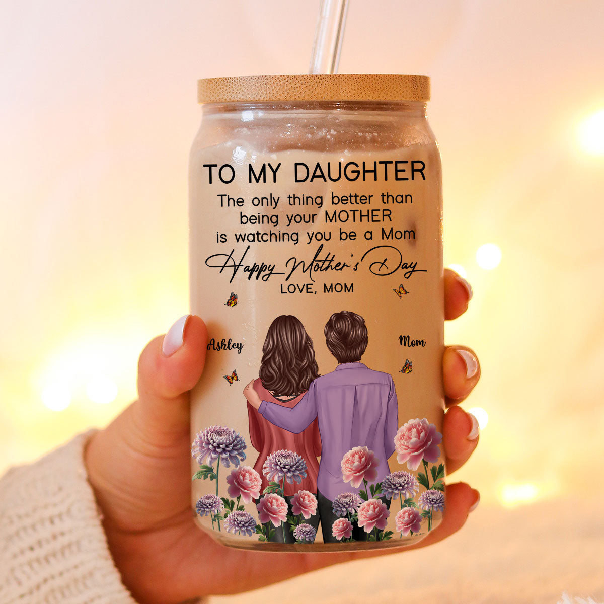 To My Daughter From Mom Happy Mother's Day Birth Flower Personalized Glass Can, Gift For Daughter