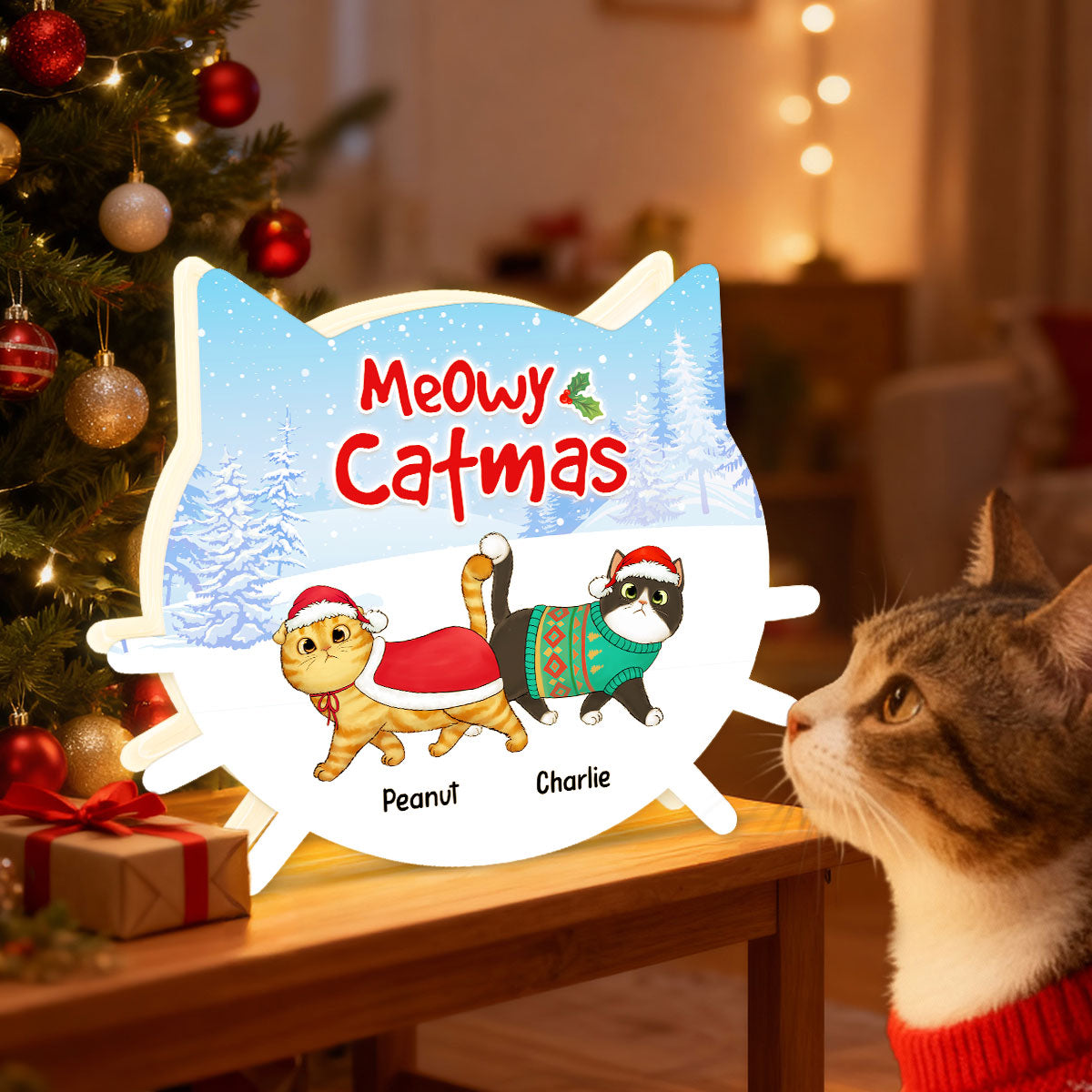 Walkin' In Winter Wonderland Fluffy Cats - Personalized Light Box - Gift For Cat Lovers, Christmas Decoration