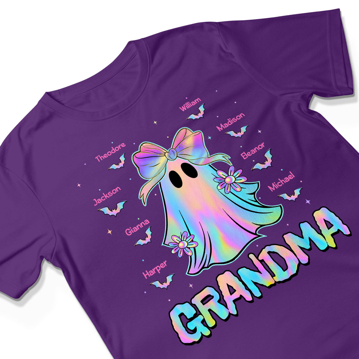 Halloween Preppy Style Iridescent Boo Kids Names Grandma Heart Personalized Shirt