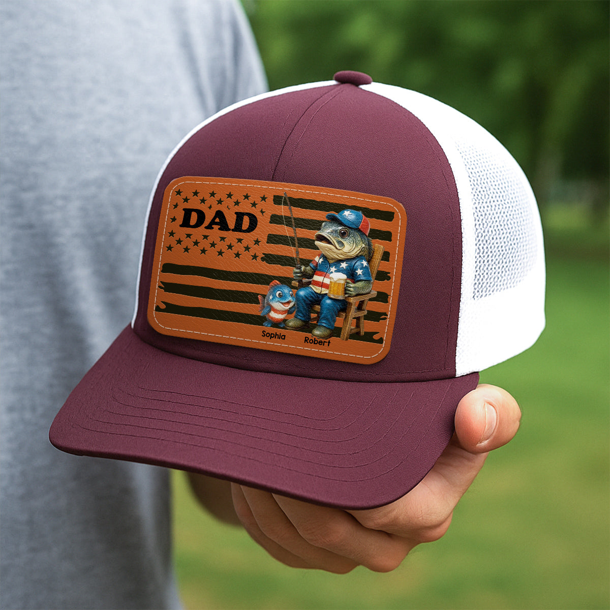 Fishing Dad Nation Flag Personalized Leather Patch Hat, Father's Day gift
