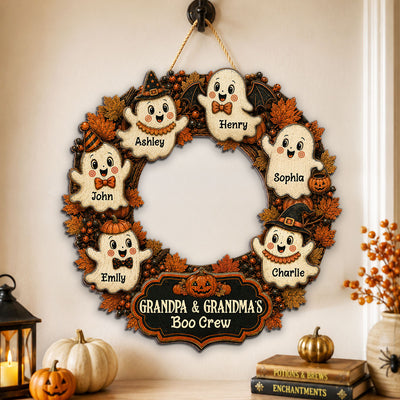 Retro Vintage Nostalgic Halloween Wreath Grandma Grandpa's Boo Crew - Personalized Wood Sign - Halloween Decoration For Grandparents