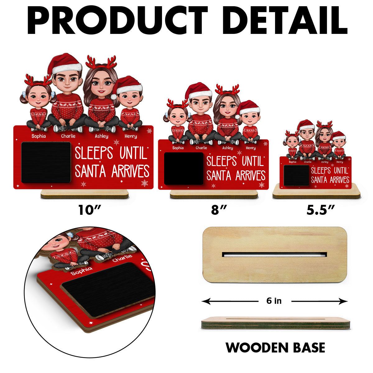 Sleeps Until Santa Arrives Family Christmas Decor Personalized 2-Layer Standing Wooden Plaque