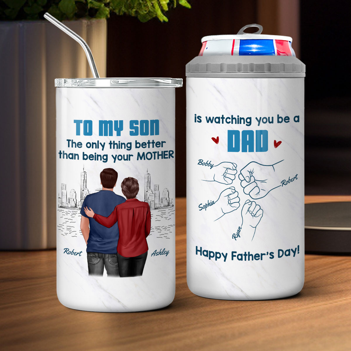 From Mom Dad To Son Watching You Be A Dad Blue Tone Personalized 4-in-1 Can Cooler, Gift For Son