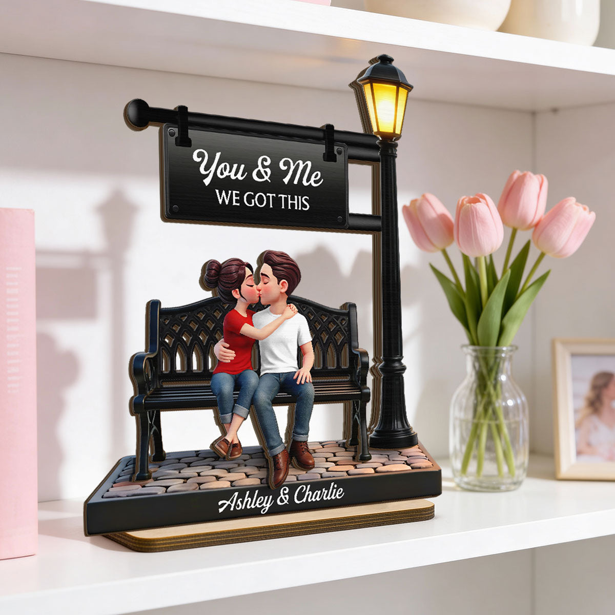 Everlasting Love Couple Sitting Kissing Under Lamp Post - Personalized 2-Layered Wooden Plaque - Heartfelt Gift For Couple