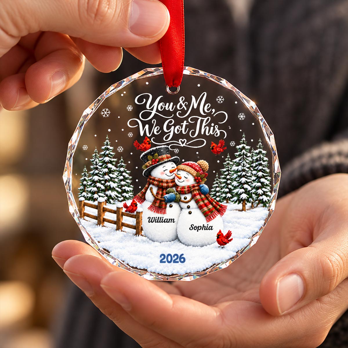Snowman Couple - Personalized Glass Ornament - Custom Couple Names & Year, Christmas Keepsake, Gift for Couples