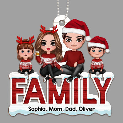 Doll Family Sitting On Word Personalized Wooden Ornament