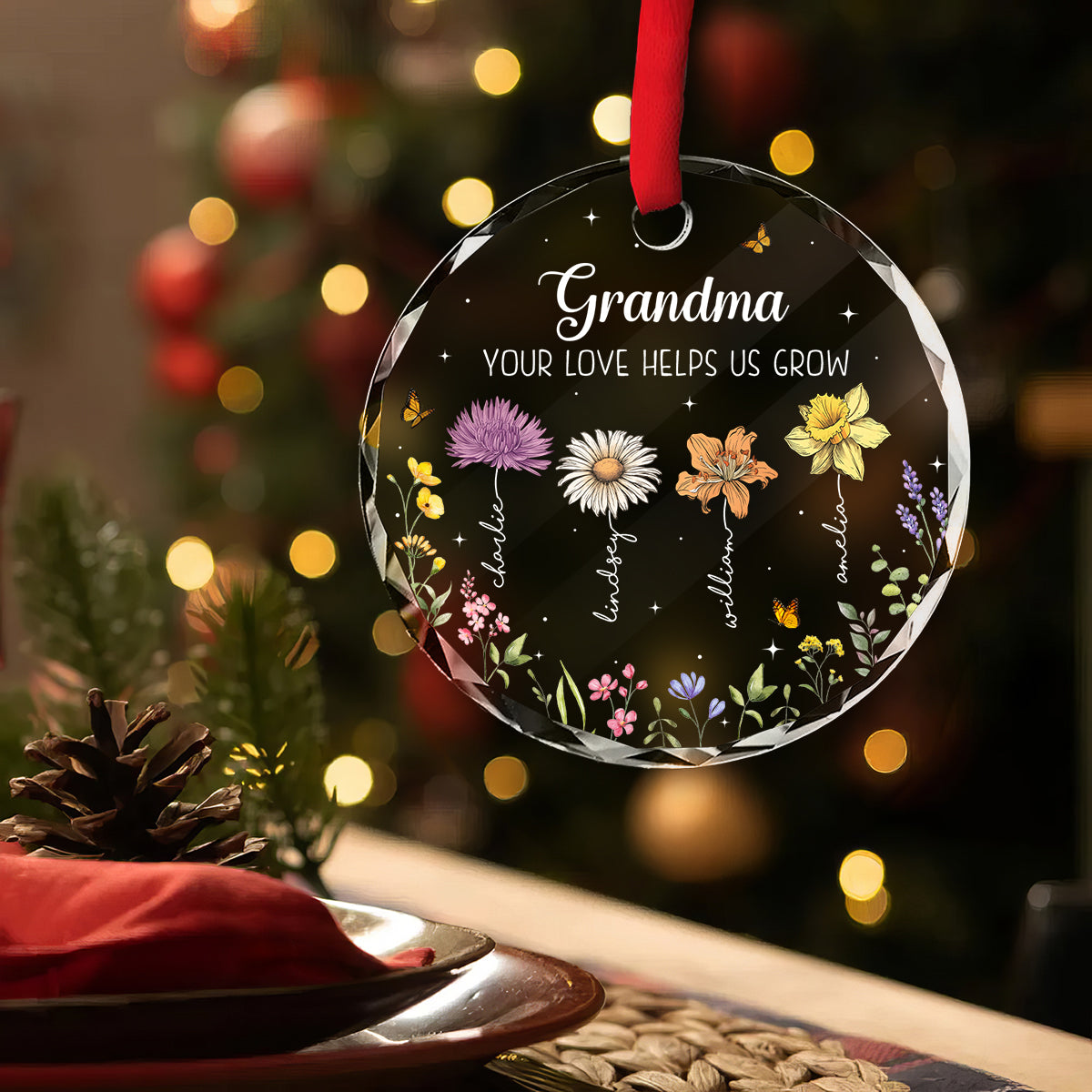 Grandma Your Love Helps Us Grow Birth Month Flowers Personalized Glass Ornament