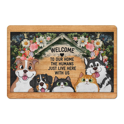 Welcome To Our Home Peeking Dogs Cats Personalized Door Mat
