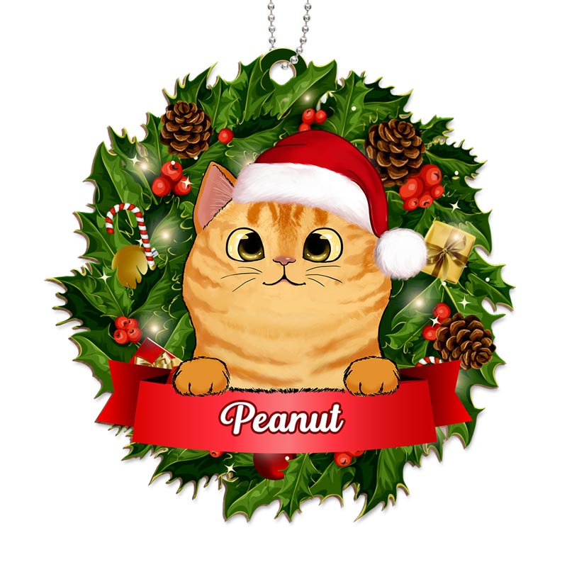 Cats Christmas Wreath Personalized Wooden Ornament