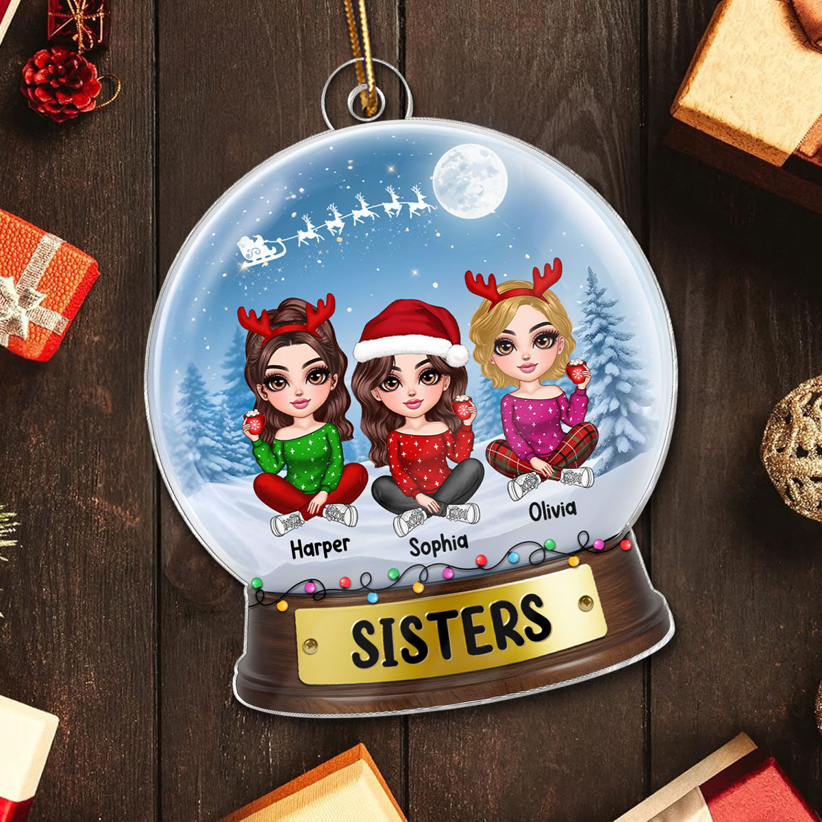 Lovely Sisters In Snow Globe Personalized Acrylic Ornament, Christmas Gift For Sisters