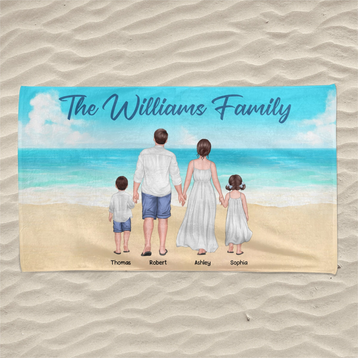 Summer Family Walking Back View Personalized Horizontal Beach Towel