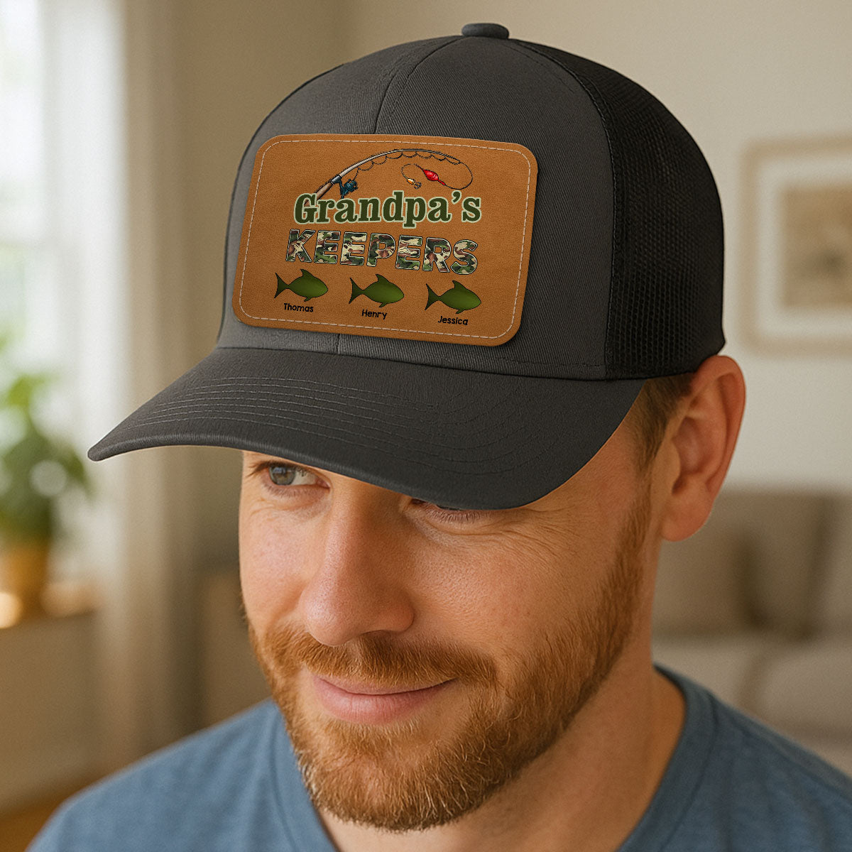 Grandpa‘s Keepers Fishing Camouflage Personalized Leather Patch Hat