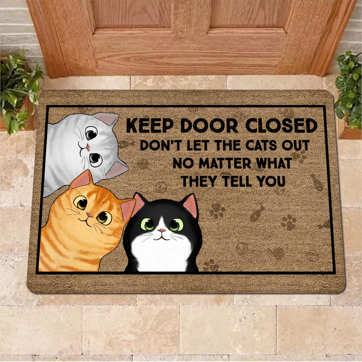 Keep The Door Closed Peeking Cats Personalized Doormat