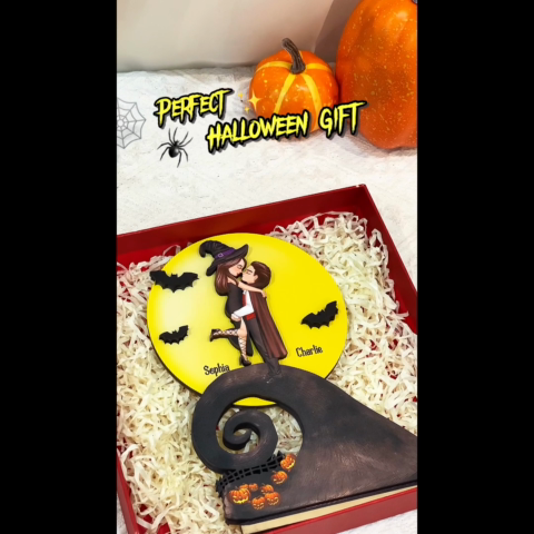 Halloween Couple Hugging Kissing On Cliff Personalized 2-Layer Standing Wooden Plaque, Gift for Her, Gift for Couple