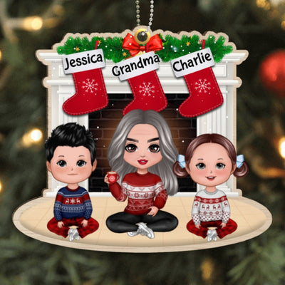 Grandma & Grandkids At Fireplace Personalized Wooden Ornament