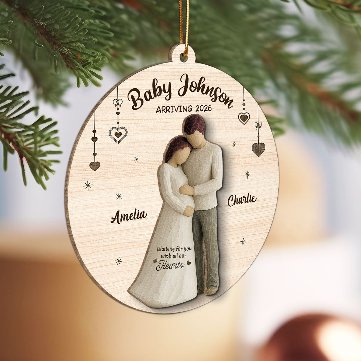 2D Flat Waiting For You With All Our Hearts Couple Expecting Baby - Personalized 2-Layer Wooden Ornament, Baby Shower Gift For Parents-to-be