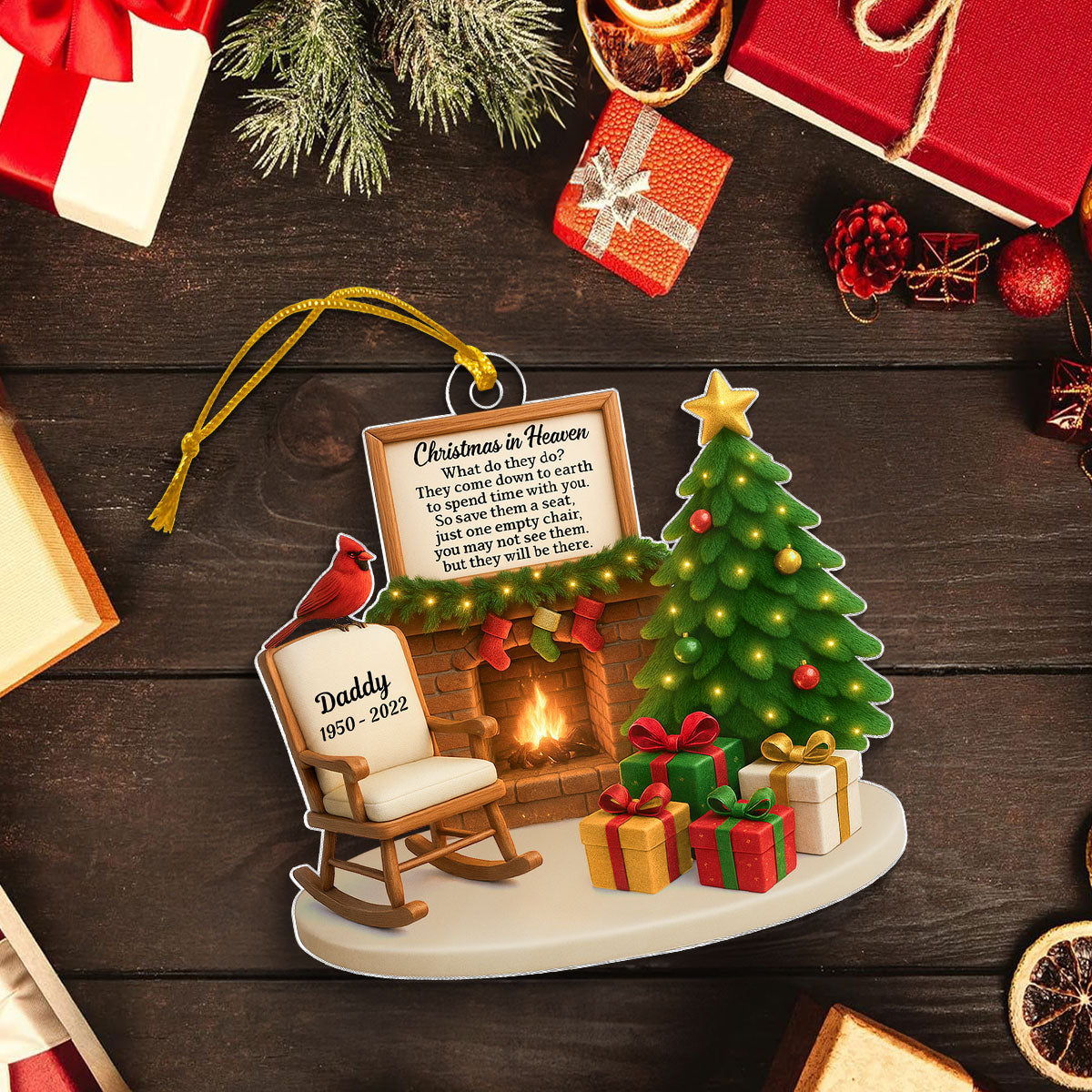 Christmas In Heaven Cardinal On Chair 3D Effect Personalized Acrylic Ornament, Heartwarming Memorial Sympathy Gift