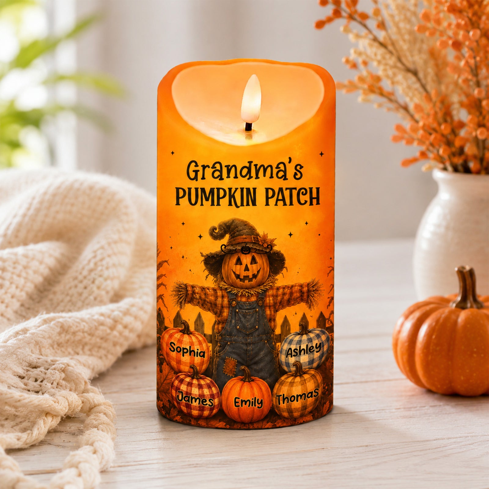 Grandma's Pumpkin Patch Scarecrow - Personalized LED Candle - Fall Season, Halloween Decor For Grandma