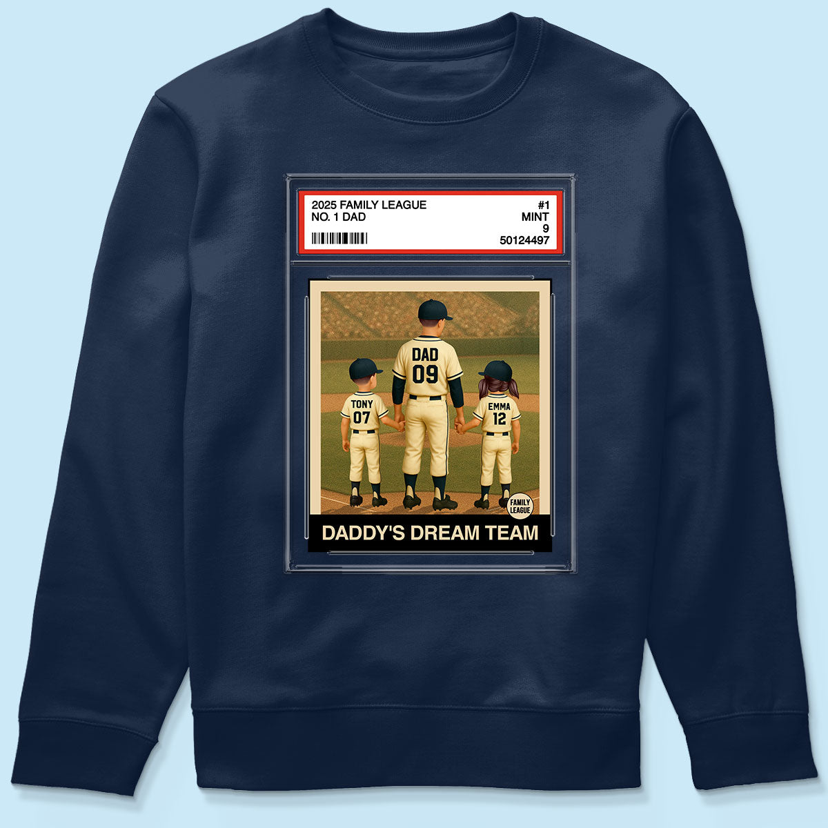 Baseball No. 1 Dad Grandpa Man & Kids Trading Card Style Personalized Shirt